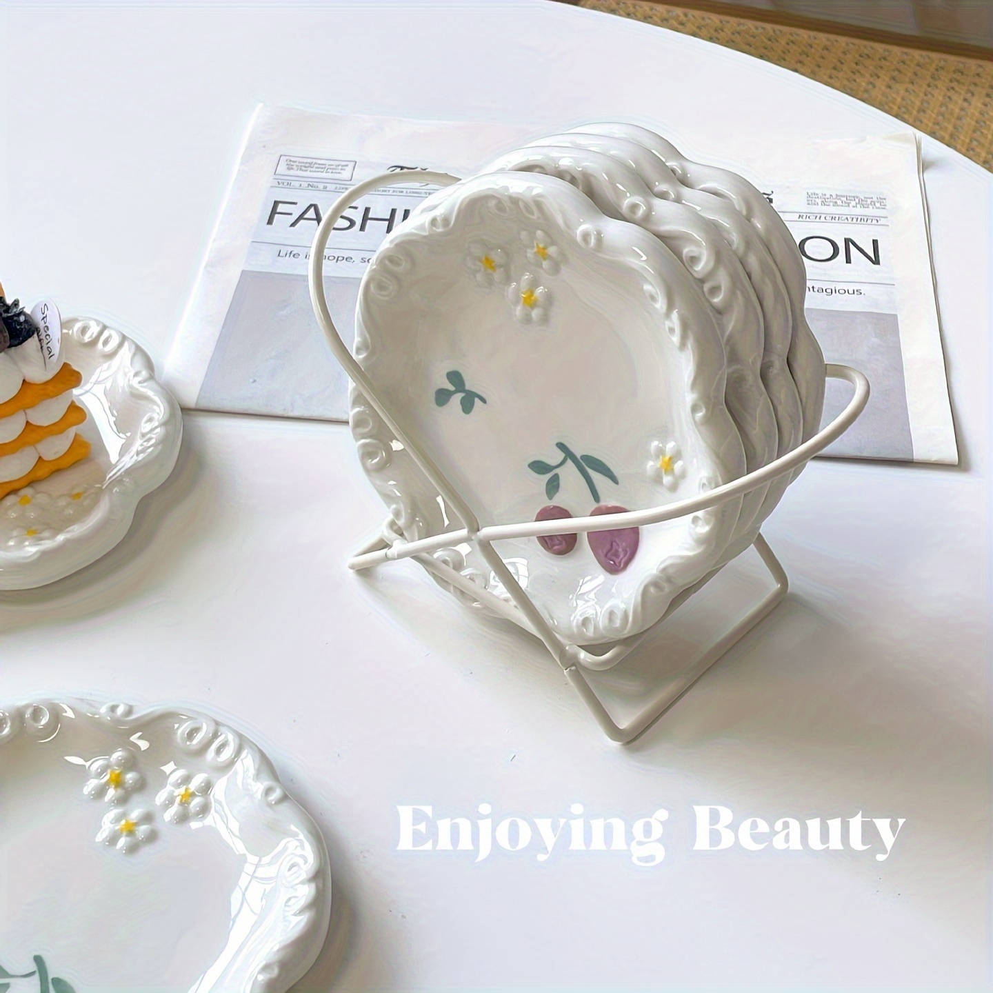 2pcs set of ceramic relief patterned plates fresh and cute bone spitting plates ceramic household new high end dining table garbage tray desktop exquisite small plate dessert plate   dining plate sushi plate coffee cup plate tea plate Product details 2