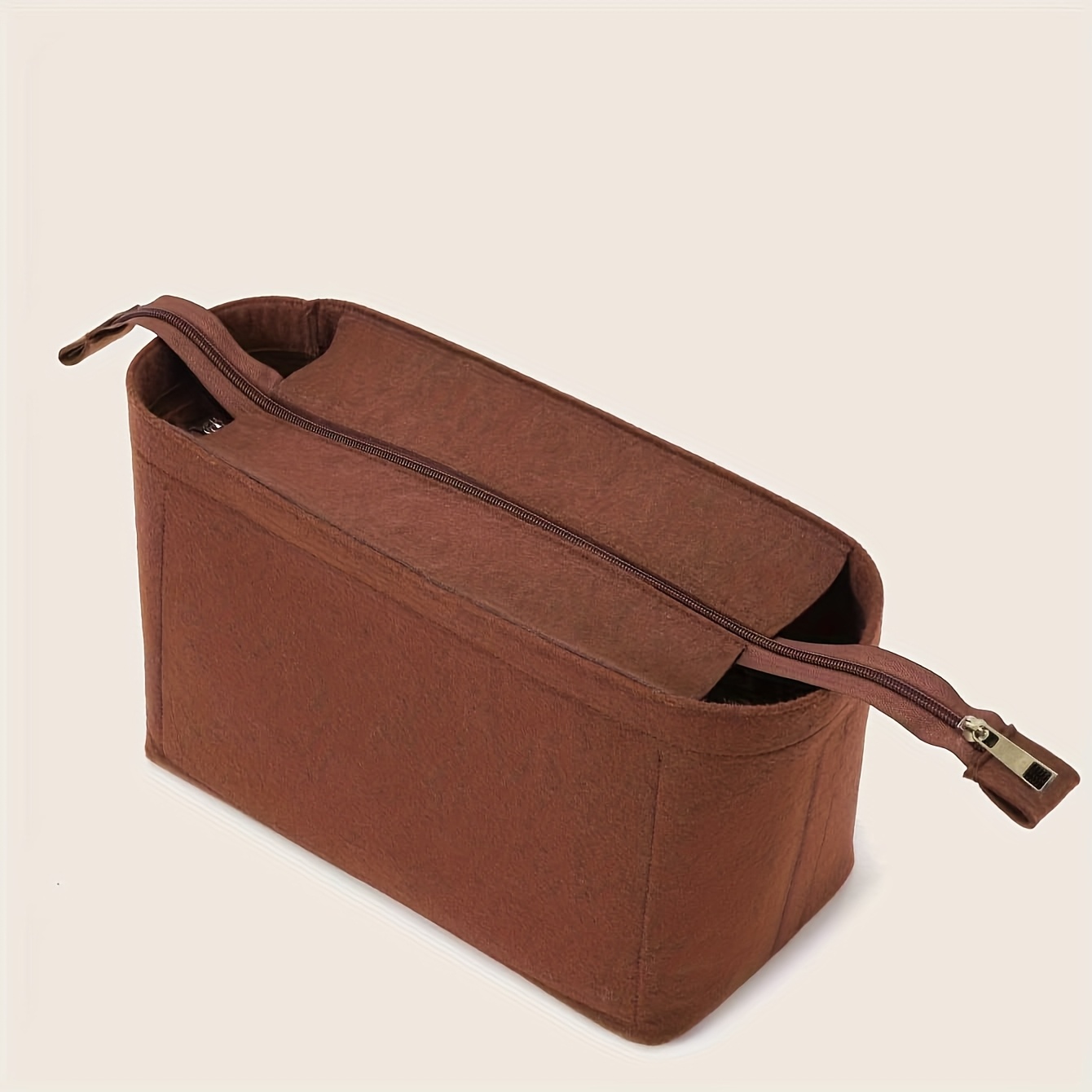 Image of [coffee-colored Felt Organizer] Versatile Felt Organizer Insert - Chic Coffee-colored Storage Solution With Zipper Closure For Tote Bags