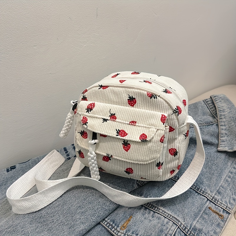 

1pc, Cute Strawberry Print Corduroy Mini Shoulder Bag, Casual Style Fashion Crossbody Satchel