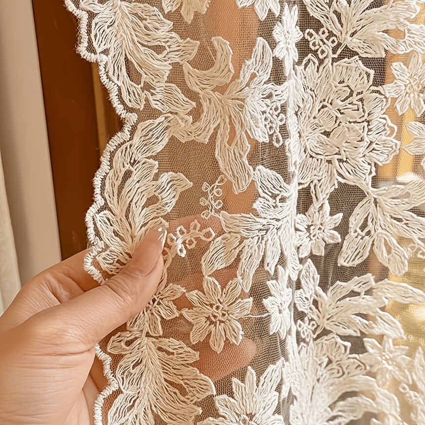 TEMU 1 Panneau Rideau Vintage en Dentelle Florale avec à Poches pour Tringle pour une Installation Facile. Léger Semi-Transparent Filtrera Doucement