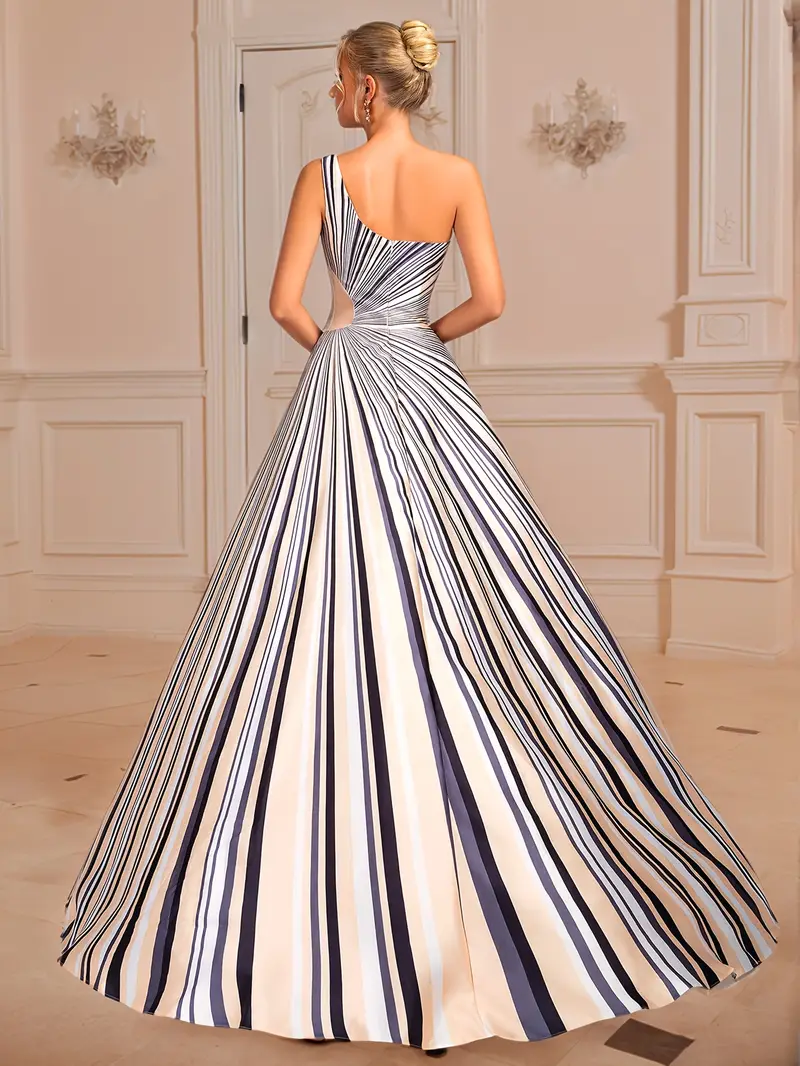*-Shoulder Striped Evening Gown for Women from Guanghan, Featuring an Elegant Dress Design with a Diagonal Shoulder And A-Line *. This Lo *-Shoulder Striped Evening Gown for Women from Guanghan, Featuring an Elegant Dress Design with a Diagonal Shoulder And A-Line *. This Lo
