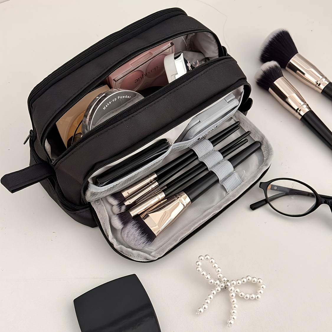 TEMU [cosmetic Bag] Solid Color 3-layer Makeup Bag Fashion High Aesthetic Outing Portable Partitioned Travel Cosmetic Storage Bag