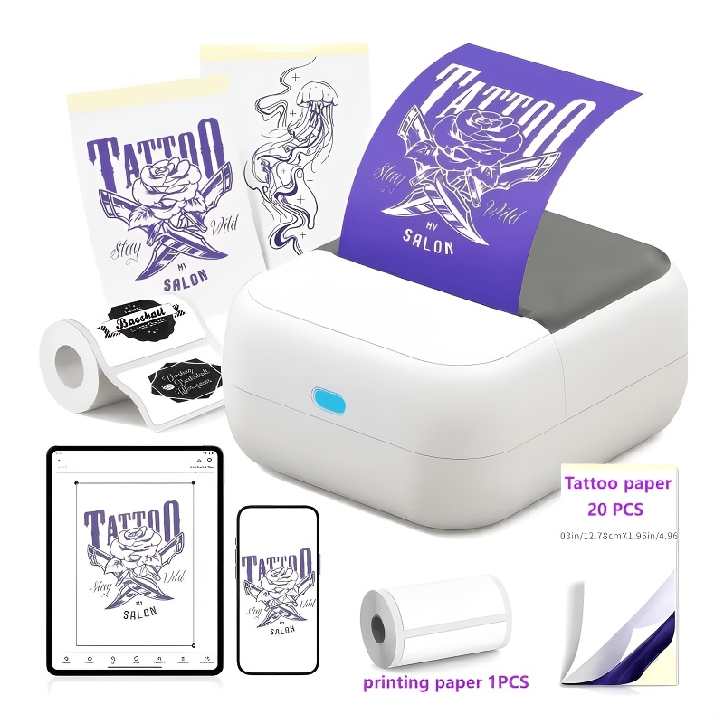 TEMU Mini Wireless Tattoo Stencil Printer For Beginners Comes With 20 Transfer Papers And 1 Roll Of Printing Paper, Wireless To Smartphones And