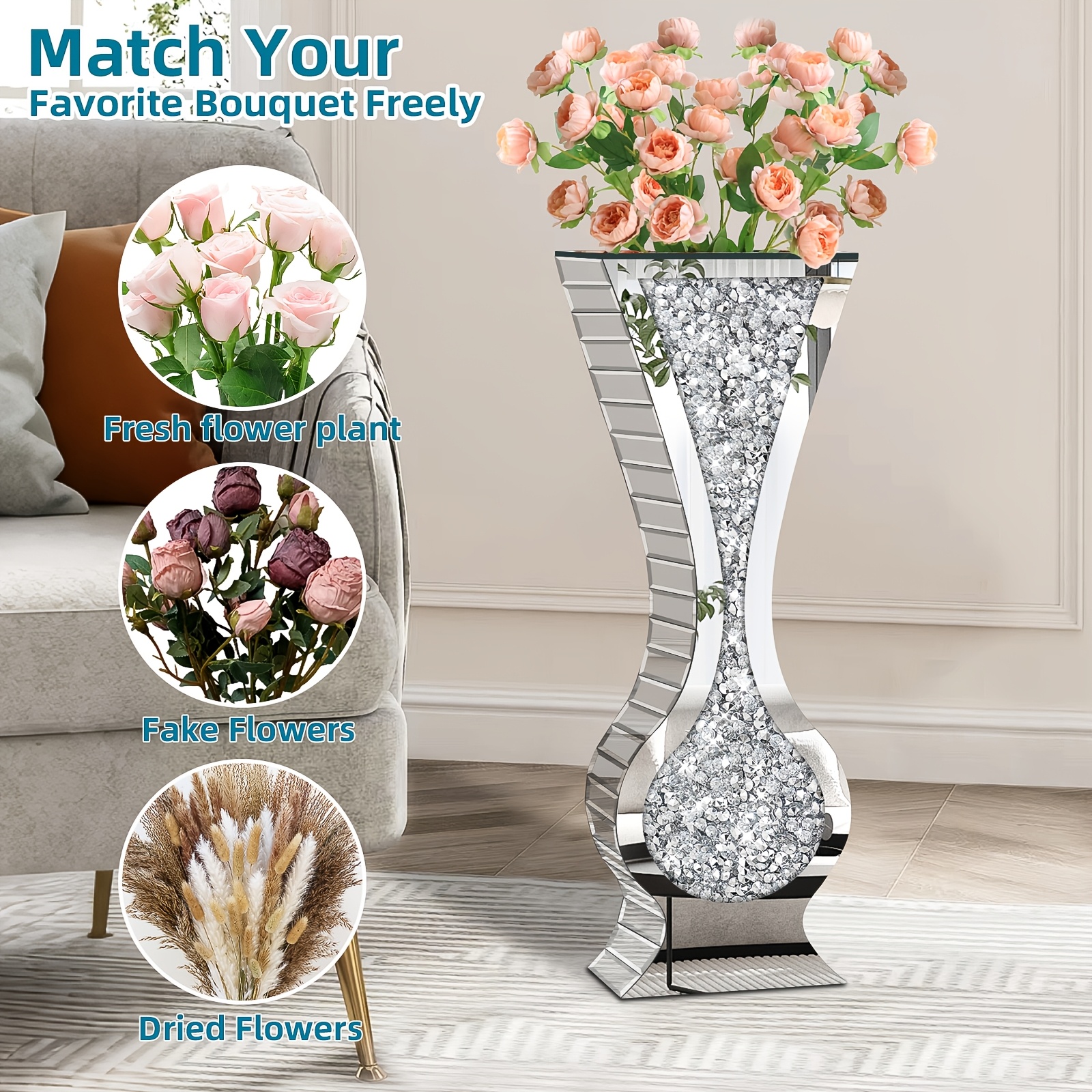Image of Silvery Mirror Crystal Vase, Tall Floor Vase, European-style Home Floral Decoration, Suitable For Office/bedroom/kitchen/ Decoration
