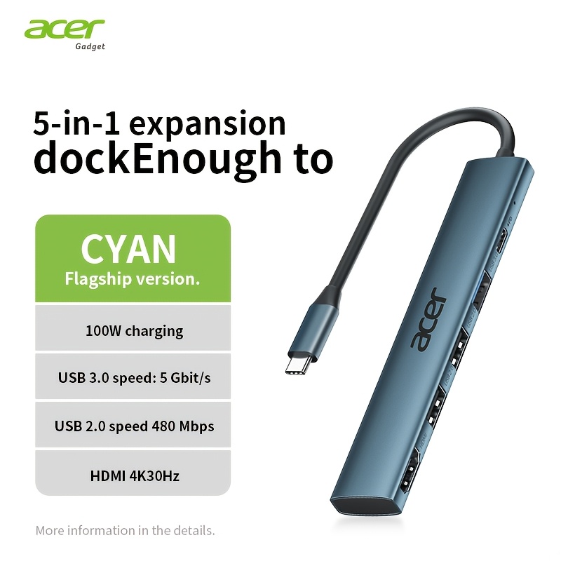 Acer Usb-c , 100w Pd Fast Charging, 4k Hdtv, Usb 3.0/2.0 Data Transfer & Portable Design For Laptop Expansion