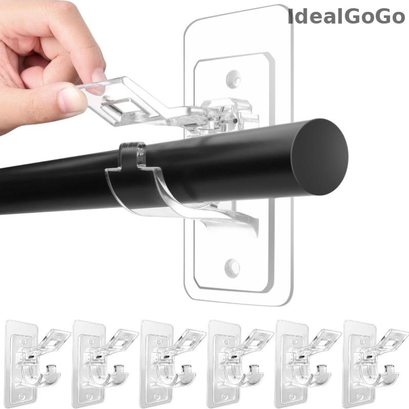 TEMU 6 pièces Supports de Tringle à Rideaux Autocollants Perçage avec Crochets Transparents - Lourde 20Lbs, Supports Muraux en Plastique Moderne
