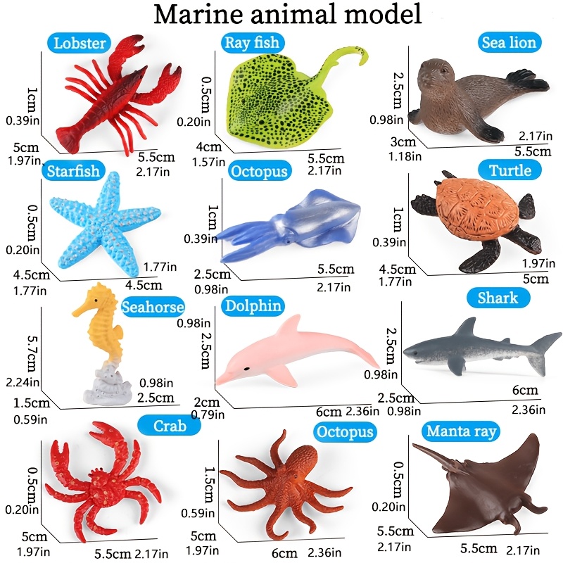 TEMU 12pcs Realistic Sea Animal Figures Set, Mini Plastic Toys Including Shark, Dolphin, Octopus, Crab, Educational Science Learning Toys, Kids Party