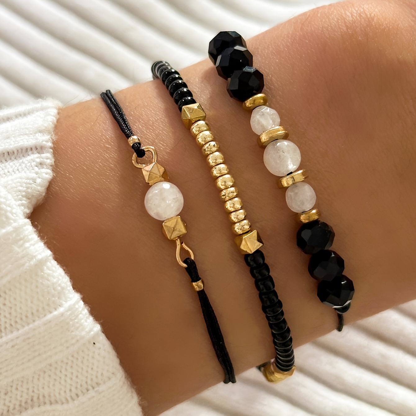 TEMU Juego de 3 Pulseras Trenzadas con Cuentas de Vidrio Hechas a , Conjunto Minimalista de Cordón para Personalidad, Pulsera Artesanal de