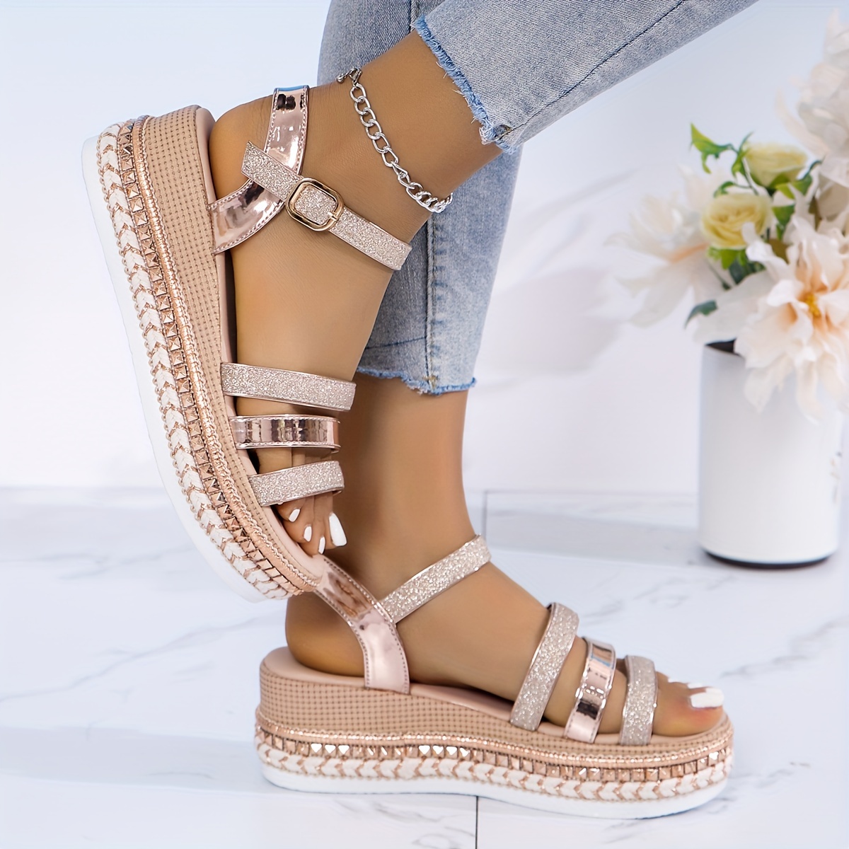 Women Wedge Sandals, Fashion Ankle Strap Shoes Summer