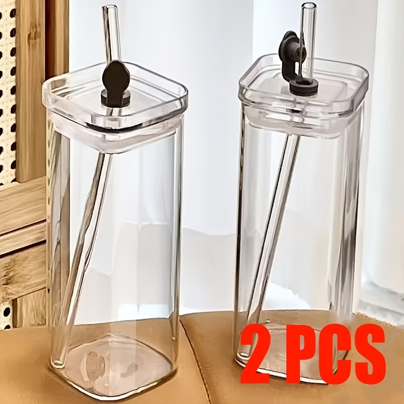TEMU 2pcs Square Glass Cups With Lids And Straws, Portable Durable Leak-proof Drinking Cups For Iced Coffee, Office, Travel, Parties, Home, School,
