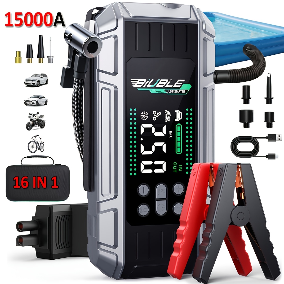 TEMU Avviatore di Emergenza per Auto con Compressore d'Aria i Motori a Benzina o Diesel da 16L, Booster di Batteria 12V, Scatola di Avviamento di