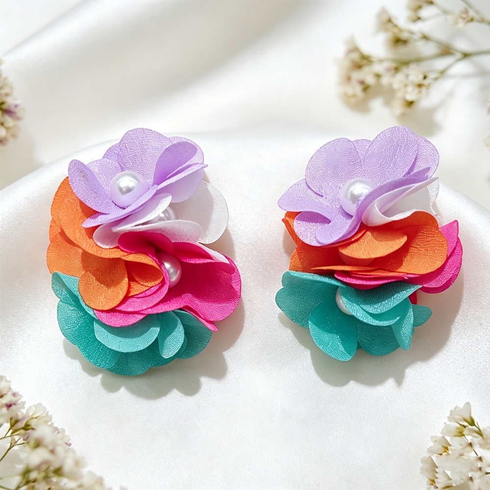 Bohemian Fabric Flower Ear Clips for Women, Colorful Statement Earrings