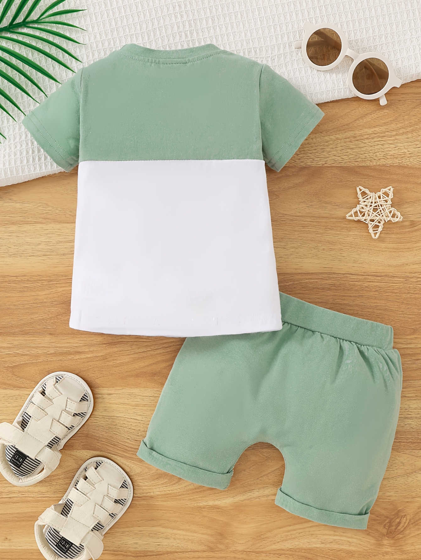 Two-Piece Set for Baby Boys Featuring a Short-Sleeve T-Shirt with a Front Pocket And Solid Color Shorts, for Outdoor