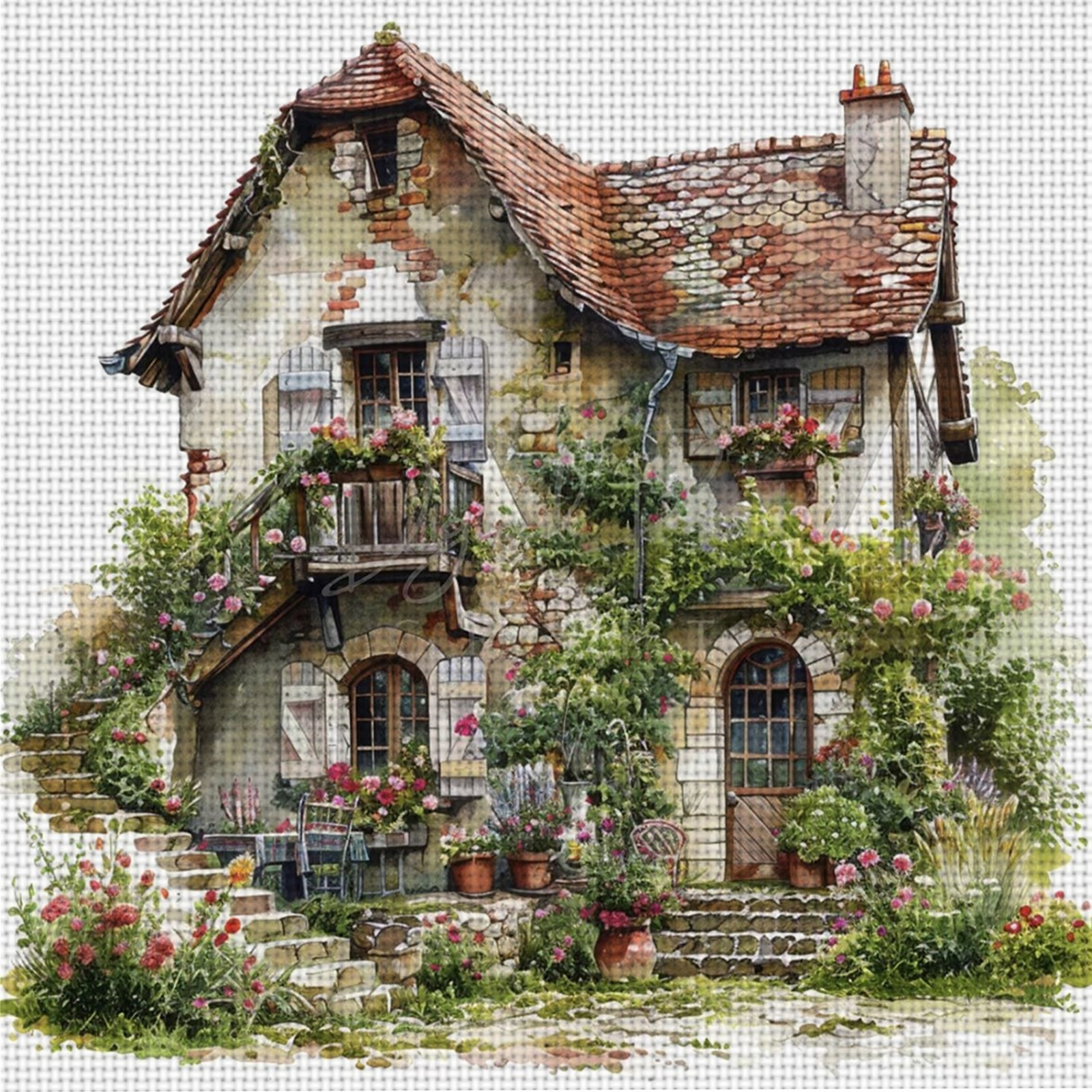 TEMU A New 11ct/14ct Printed Cross- Kit 'flower Full Watercolor Cottage', Suitable For Adult Beginners Looking For A Relaxing Experience. The Kit