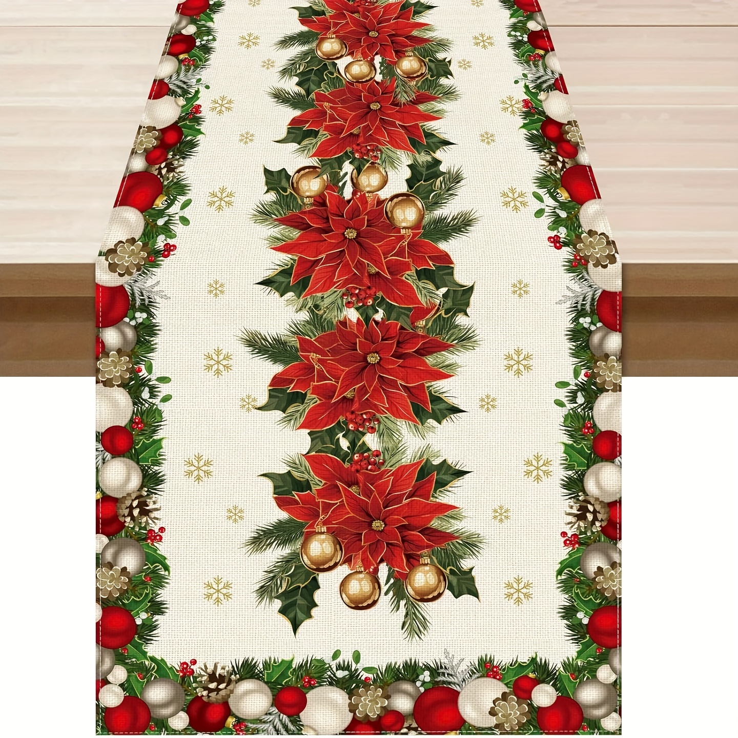 

1pc, Linen Flower Snowflakes Christmas Winter Cloth Table Runner Burlap Table Decoration For Home Kitchen Dining Dinner Indoor Holiday Farmhouse Decor 13x48/13x72/13x108/inch