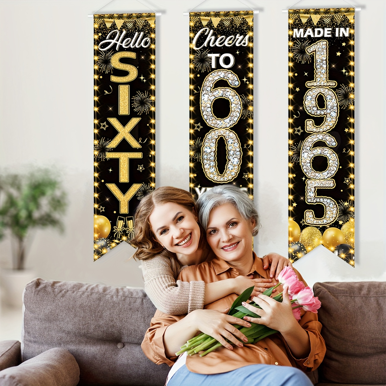 3pcs 60th Birthday Decorations for Men Women Happy 60th Birthday Banner  Party decorations Cheers to Birthday Party Suppiles Black Gold Back