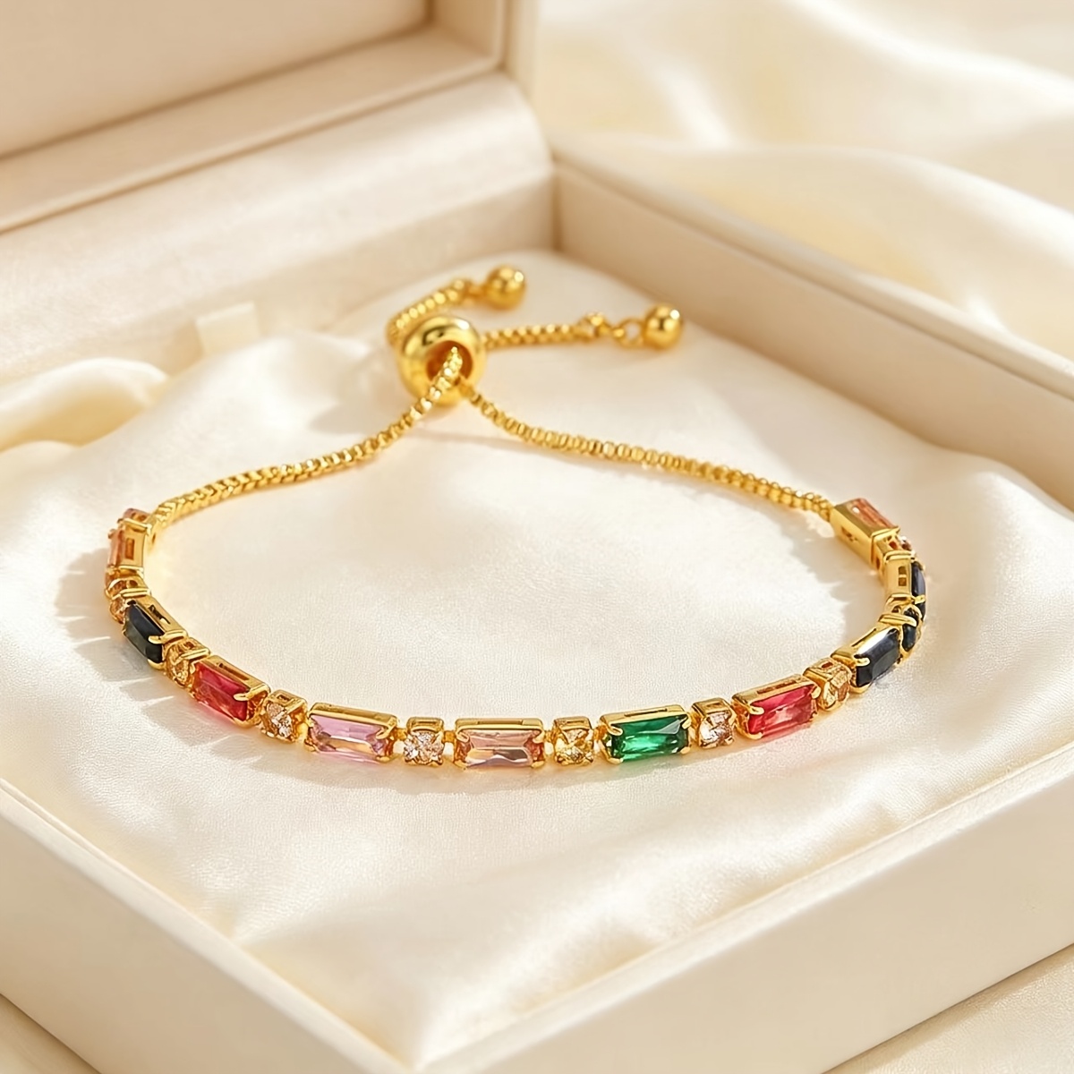 TEMU Exquisite Adjustable Rectangular Zirconia Pull Bracelet. Sophisticated And Versatile Women's Golden Fine Bracelet. Available In 4 Colors