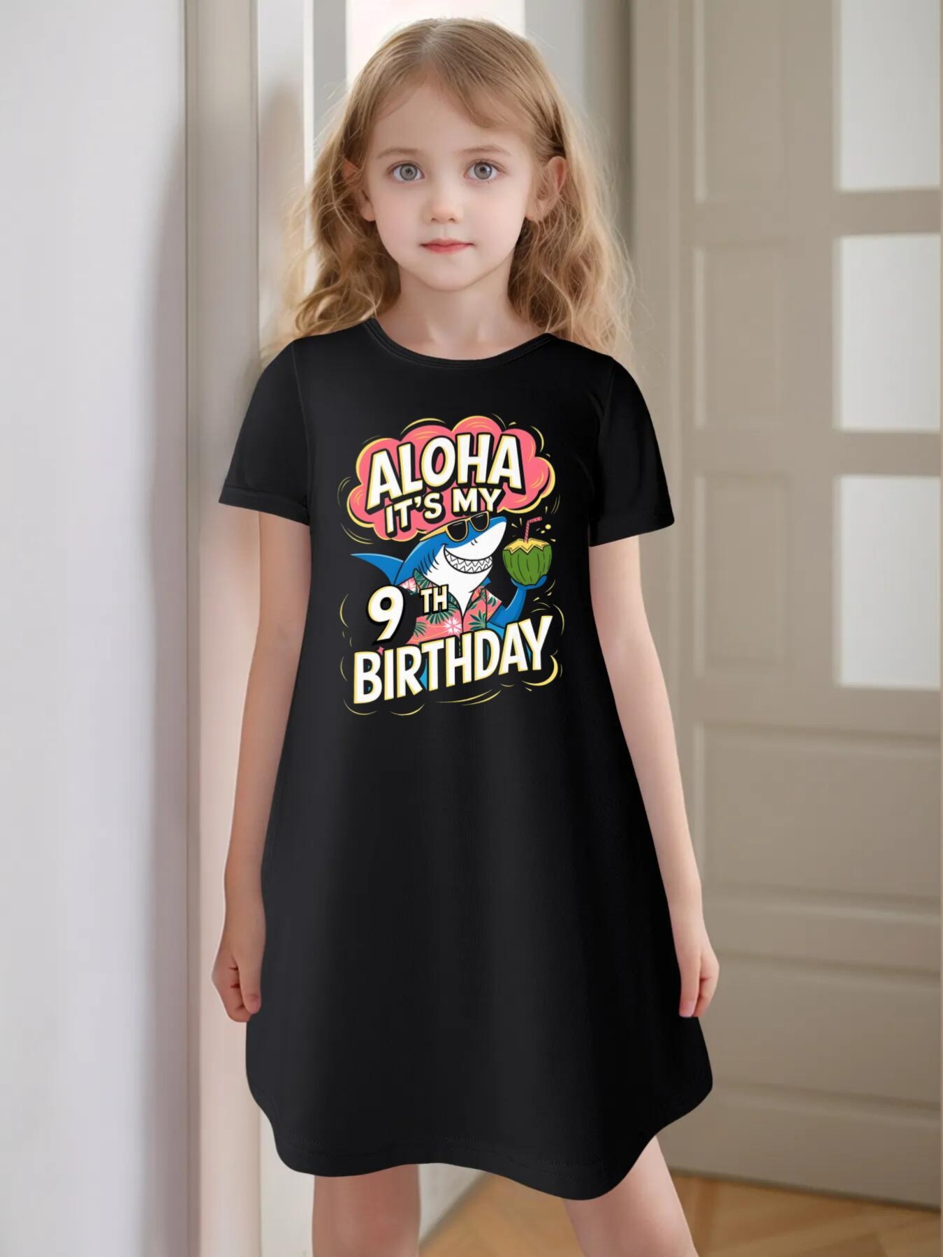 girls' 11th birthday hawaiian theme dress - black strappy aloha dress with  tropical floral print & "11 years old" text, machine washable summer party  outfit for , hawaiian party decorations, celebration attire,