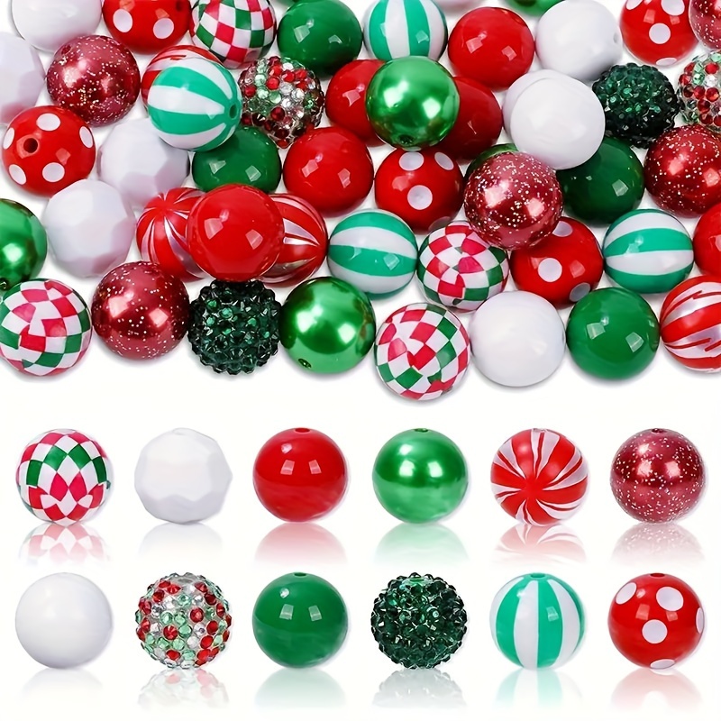 

30-pack Christmas Beads Set, 20mm Large Acrylic Beads, Assorted Striped, Rhinestone, Pattern, Beads, Mixed Craft Beads For Making, Supplies