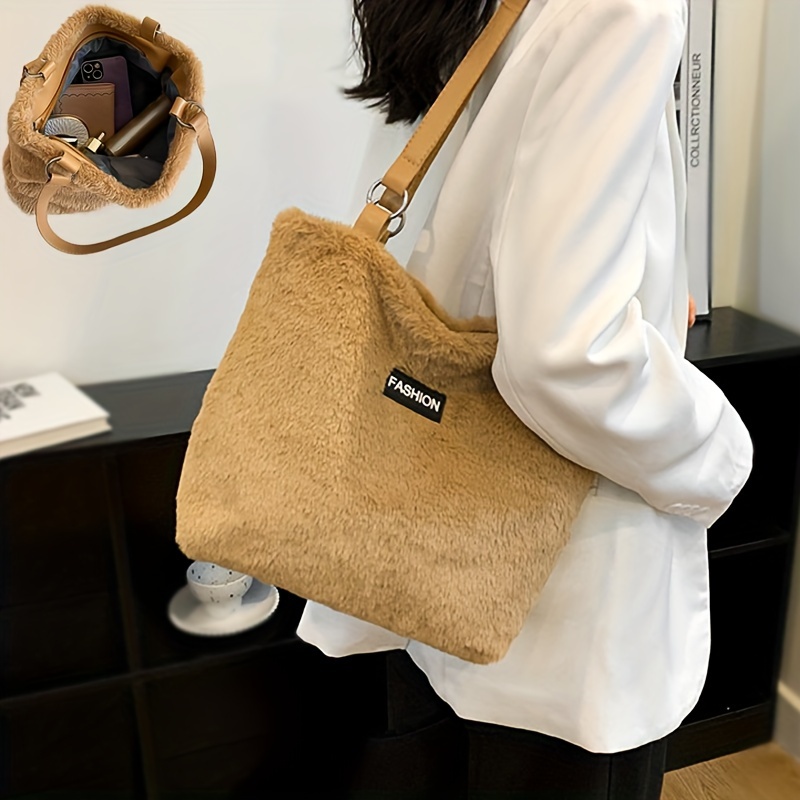 Autumn Winter Plush Ahndbag Faux Lamb Wool Bucket Bag Y2k Temu