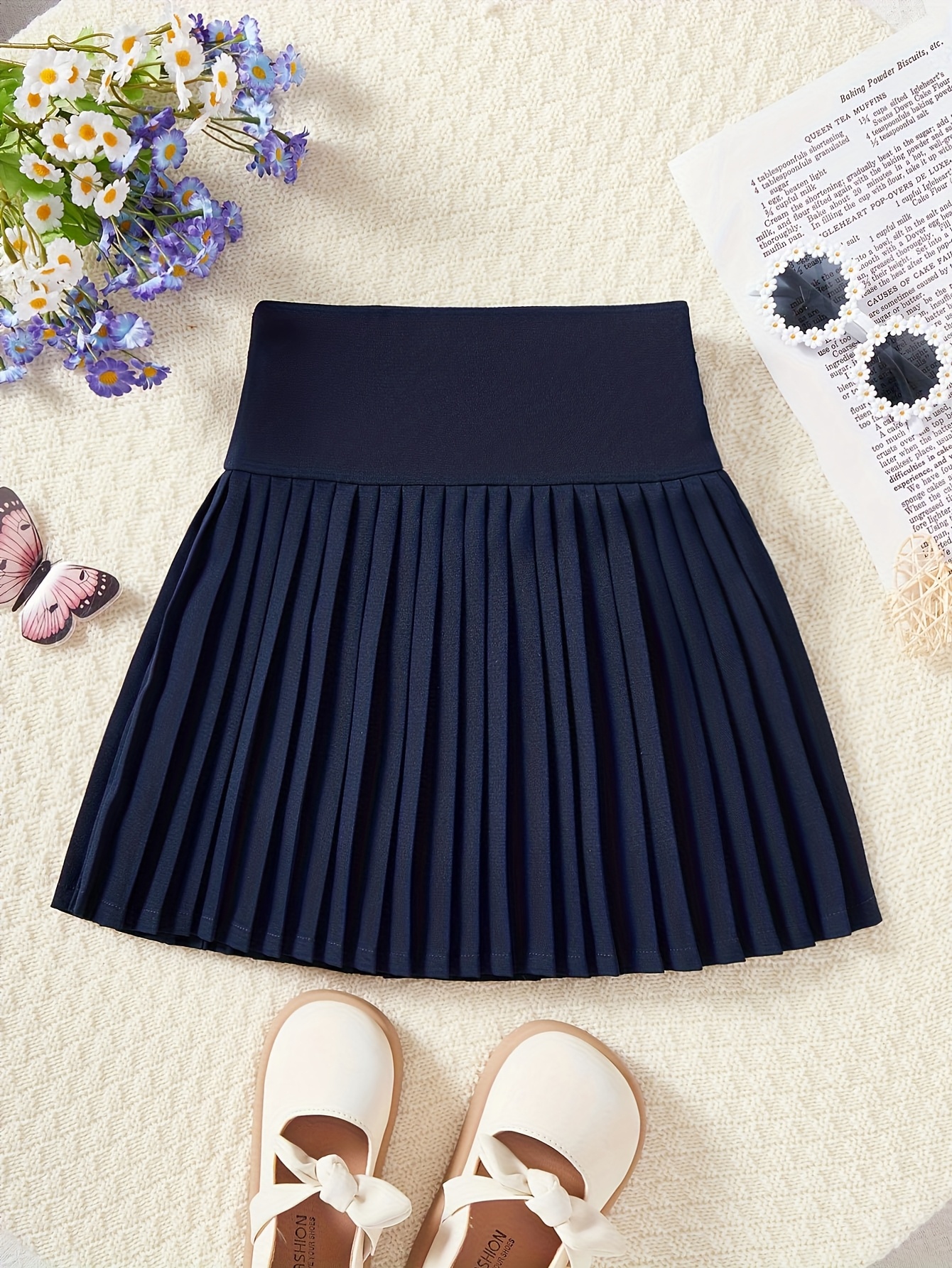 girls' navy blue pleated school skirt short plaid-like a-line