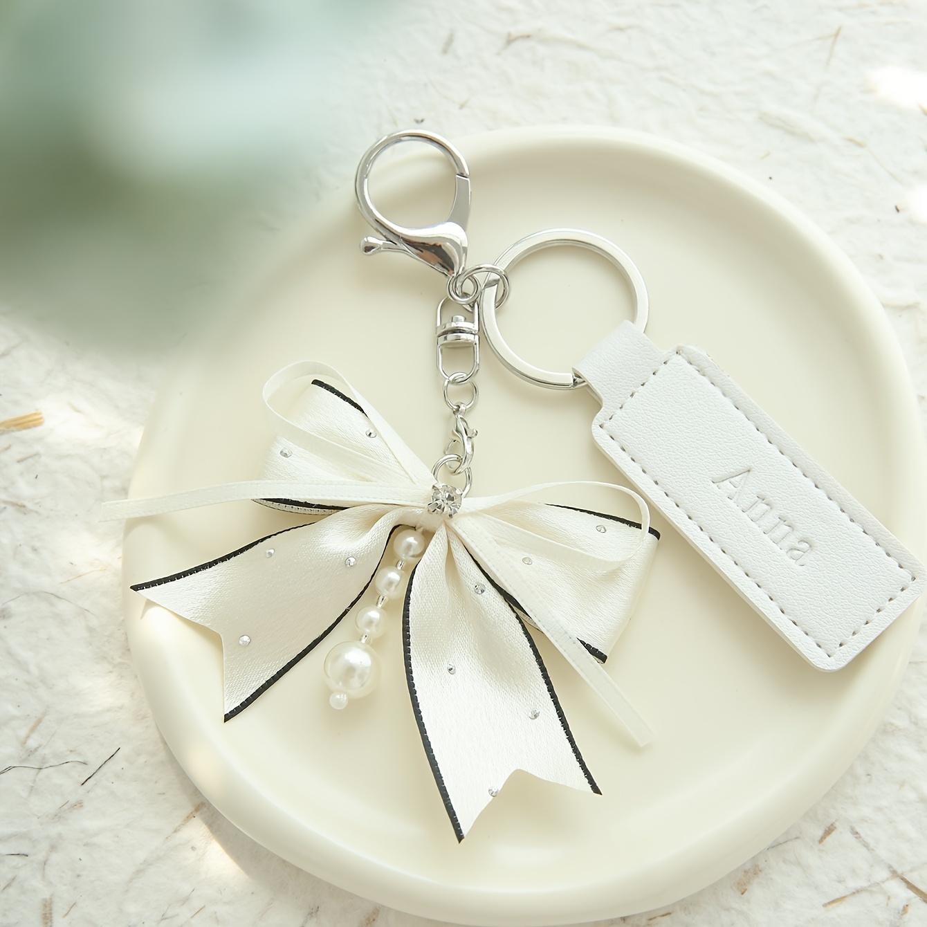 TEMU 1pc Customized Name Bow Keychain Personalised Name Pu Leather Keyring With Tassel Bow Bag Pendants Keyring Customised Keys Accessory Gift For