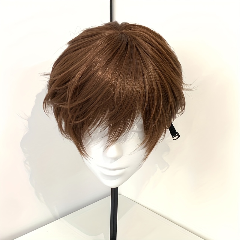 TEMU Unisex Anime Wig With Light Brown Bangs And Layered Short Hair, Suitable For Festive Parties