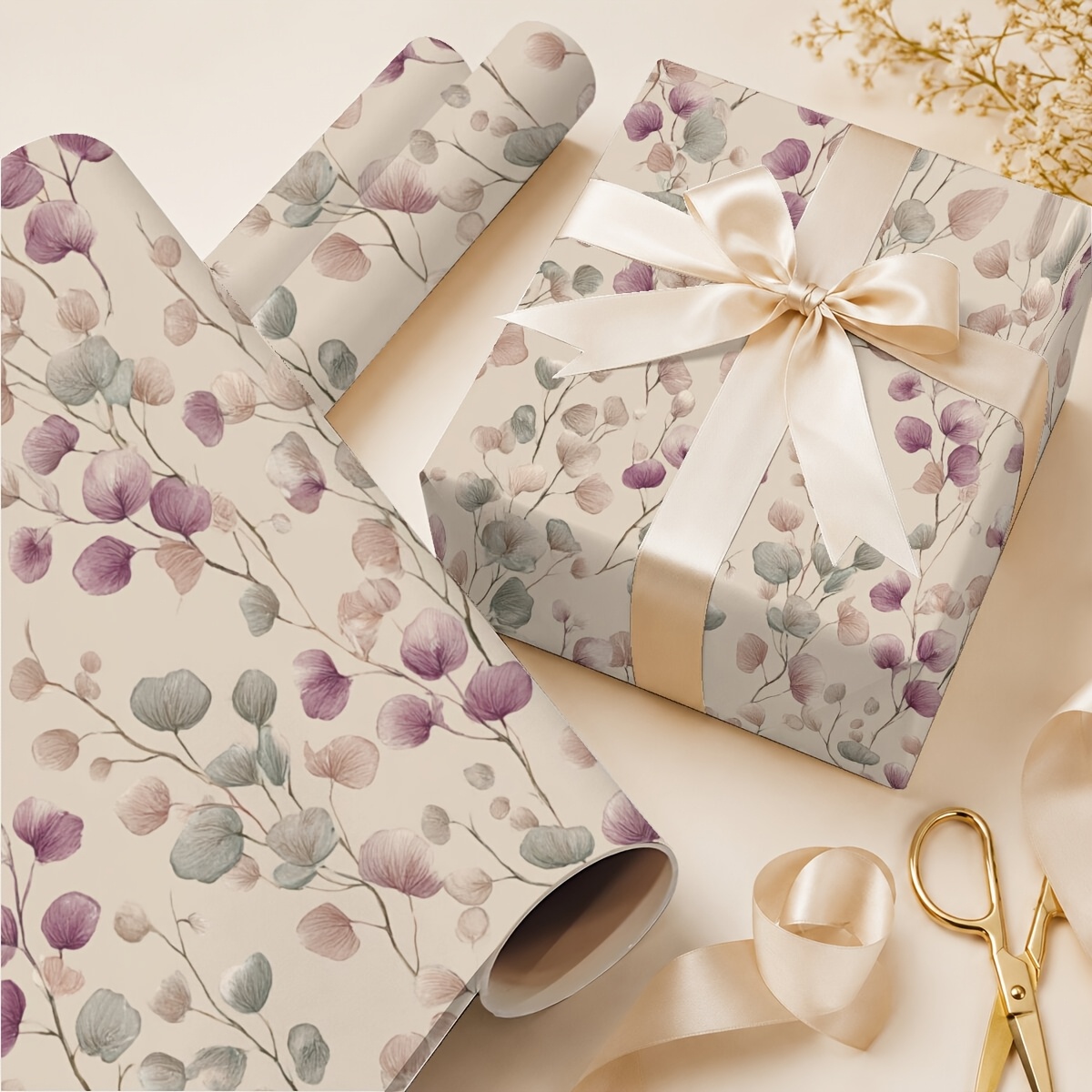 TEMU Rotolo di carta da regalo con motivo a foglie di eucalipto, 19,69 pollici x 118,11 pollici, carta da regalo per donne e ragazze, per compleanni,