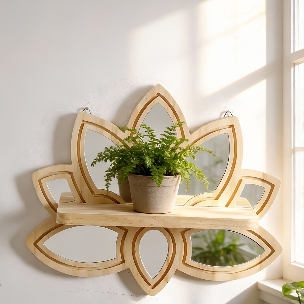 E-shop Boho-Wandregal mit Lotusblume Spiegel, schwebende Regale aus Naturholz für Wanddeko, Boho-Aufbewahrungsorganizer für Wohnzimmer Schlafzimmer,