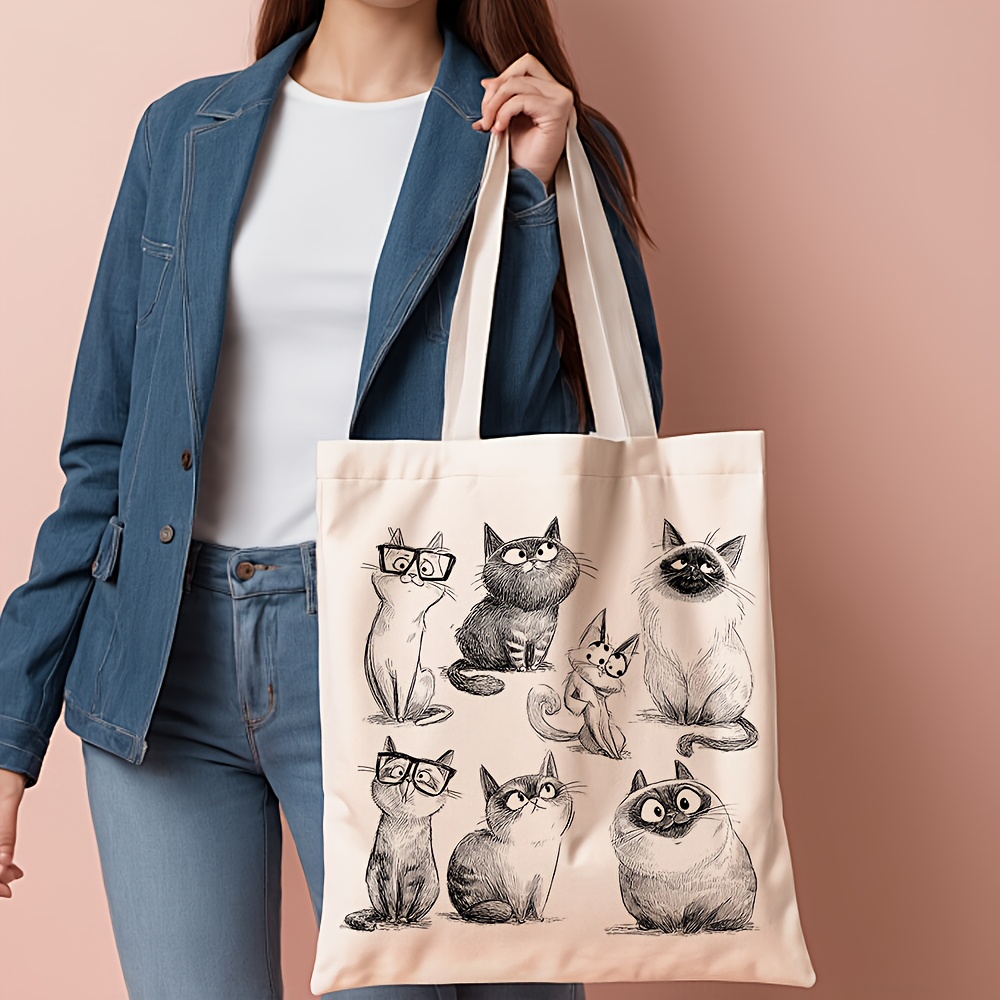 Image of 1pc, Cute Cat Illustration Canvas Tote Bag Grocery Bags (13.8"x15.8"), Stylish Reusable Shopping Bag For Daily Use, Commuting, Beach Travel, Ideal Gift For Cat Lovers, Birthday Present