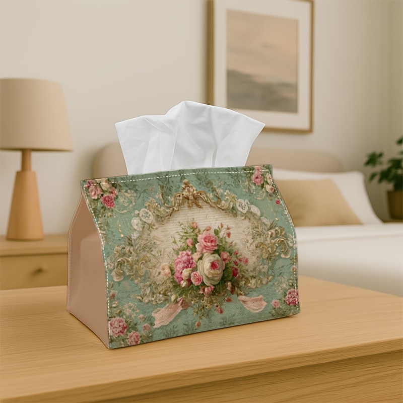 Image of 1pc Tissue Box With Vintage Floral Ornament Decorative Storage Box For Decor, Kitchen, Living Room, Car - Festive Tissue Dispenser Ideal Gift, Compact And Stylish For Tissues Or Decorative Use