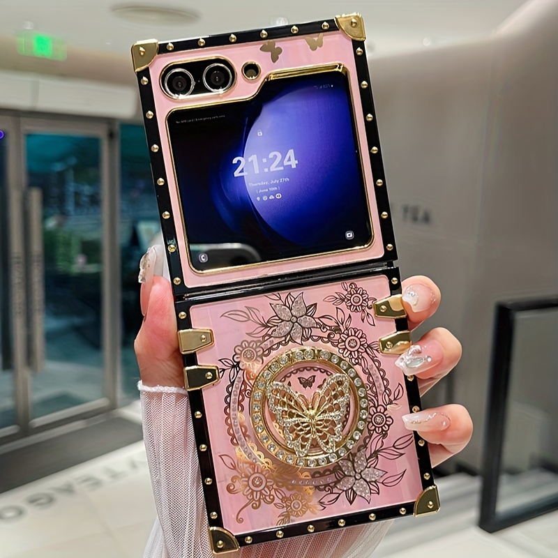 

For Samsung Galaxy Z Flip6/z Flip5/z Flip4/ Cute Bling Sparkle Rhinestone Butterfly With Ring Stand Marble Elegant Shockproof Phone Case For Women Girls