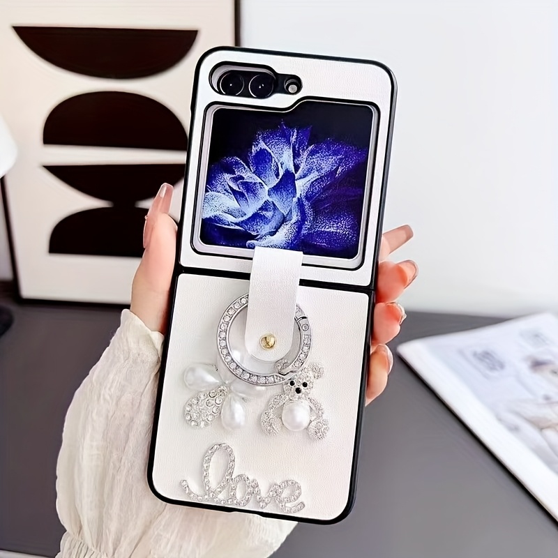 TEMU Phone Case - Fashion Rabbit Bear Camellia White Leather Folding Phone Case With Ring Holder For Galaxy Z Flip 7 6 5 4 3