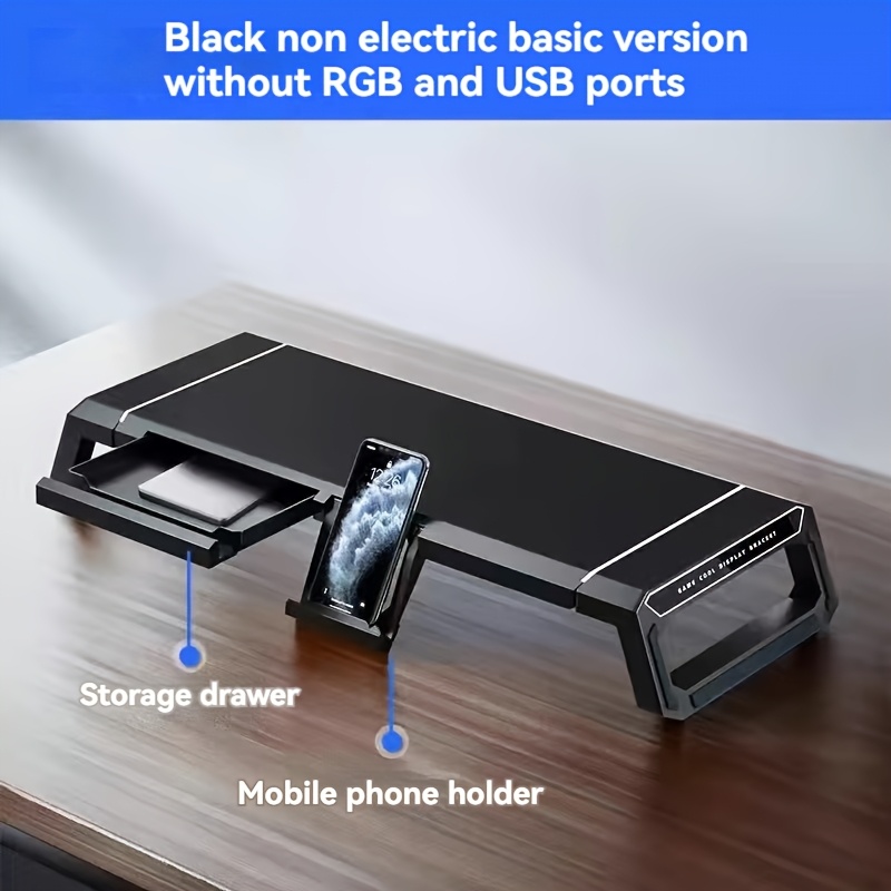 Ergonomic Monitor Stand with RGB Lighting, 4 USB Ports & Storage Compartment – Adjustable Height up to 80mm, Foldable Design for PC, Laptop, Desktop, and Mobile Devices, Device Accessory | Nonslip Features, Monitor Stand for Desk