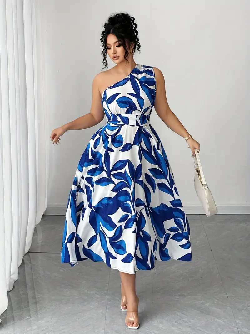 Plus Size - Elegant Plus Size Women'S Blue and White Floral Print Long Dress | Asymmetrical Neck, Flared Hem, Tie Back Detail, Suitable for Spring/Summer, Night Outs, and Casual Wear Plus Size - Elegant Plus Size Women'S Blue and White Floral Print Long Dress | Asymmetrical Neck, Flared Hem, Tie Back Detail, Suitable for Spring/Summer, Night Outs, and Casual Wear