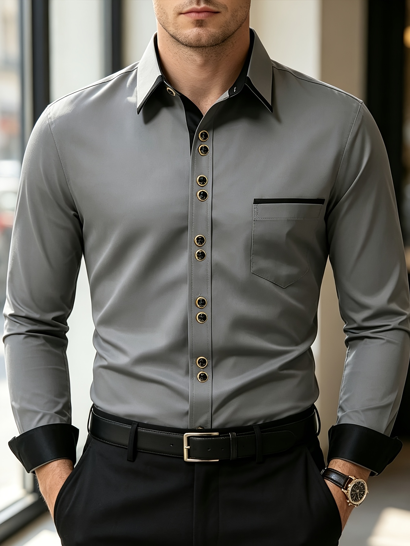 imagen del artículo camisa   para hombre, atuendos para hombre, ropa de diseñador para hombre, ropa formal de negocios para desplazamientos, camisa casual de   larga con bloques de color de      ,   regalo para hombre, ropa de otoño para hombre