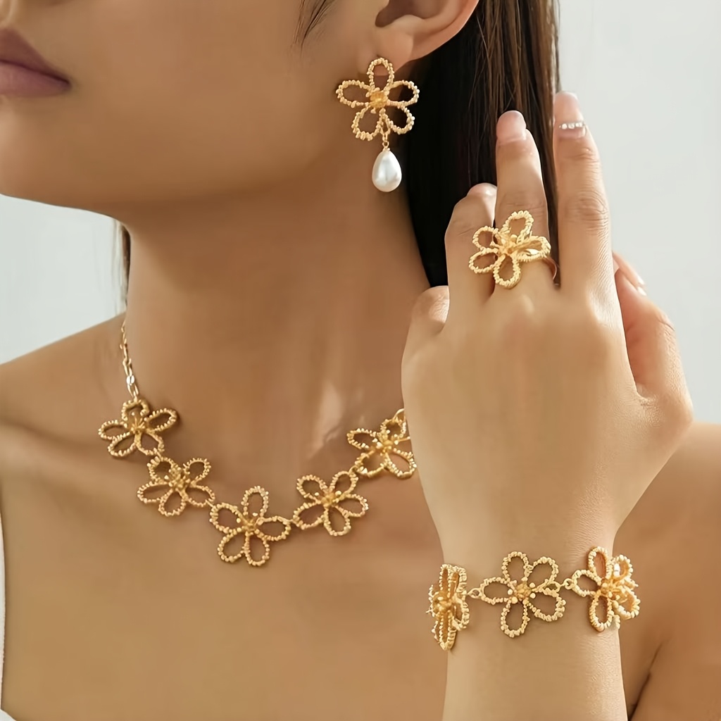 TEMU 5pcs/set Retro Light Luxury Country-style Hollowed-out Flower Bracelets, Necklaces, Stud Earrings, And Ring Sets Are Fashionable And Exquisite,