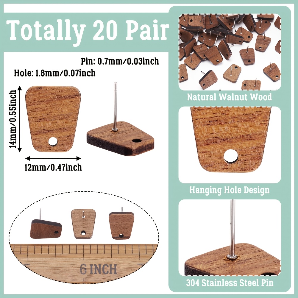 TEMU 20 piezas/20 de componentes para aretes de madera y acero inoxidable, ideales para manualidades DIY - Aretes de madera de nogal de trapezo con