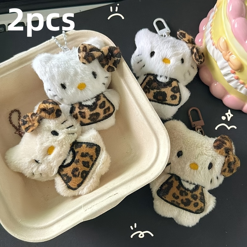 

2pcs Sanrio Flannel Lobster Clasp Cartoon Cat Keychains - Leopard Print Kitty Cat Charms - Birthday & Day Gift