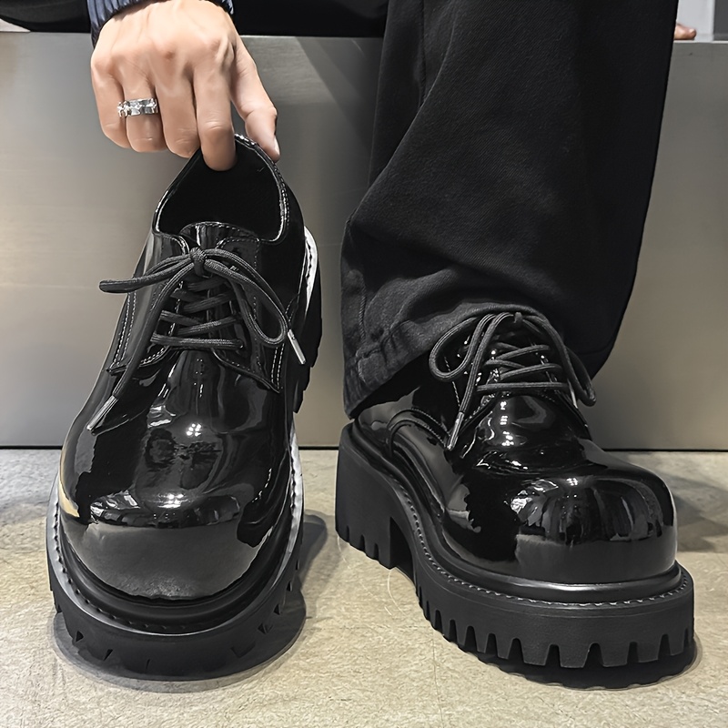 Punk Style Metal Buckle Platform Shoes, Glossy Patent Round Toe Shoes, Street Trend Dark Style Casual Shoes