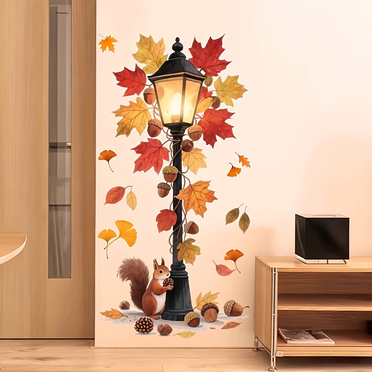 TEMU 2d Flat, 1 Sheet Of Wall Stickers Featuring , Pinecones, , Squirrels And Vintage Street Lamps, Creative Self-adhesive Removable Double-sided Pvc