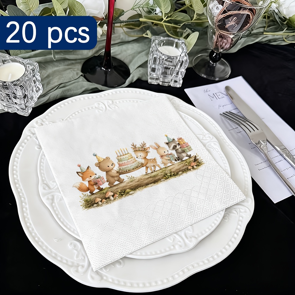 TEMU 20 serviettes de cocktail jetables, groupe dense d'animaux mignons se divertissant avec des friandises à d'un gâteau décoré en détail sur un sol
