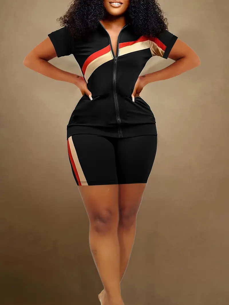 casual two pieces zip up short sleeve slim top skinny shorts outfits womens clothing details 0