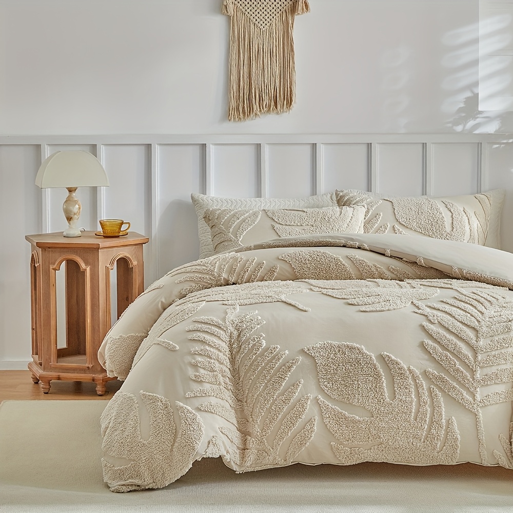 3D Leaf Pattern Duvet Cover Set 2/3pcs Set - High-Quality Tufted Craft, Distressed Style Washable Bedding, Soft Breathable Khaki Bedroom Decor, Multi-Size Available, All-Season Bedding