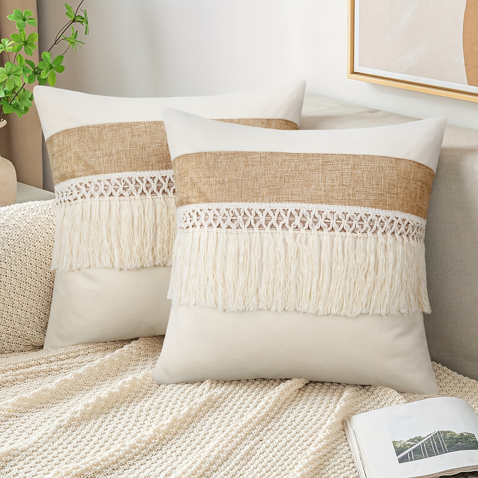E-shop 2er-Set Kissenbezüge im Landhausstil, Böhmische Patchwork-Kissenbezüge mit Quaste, Beige Neutrale Kissenbezüge für Sofa, Schlafzimmer,