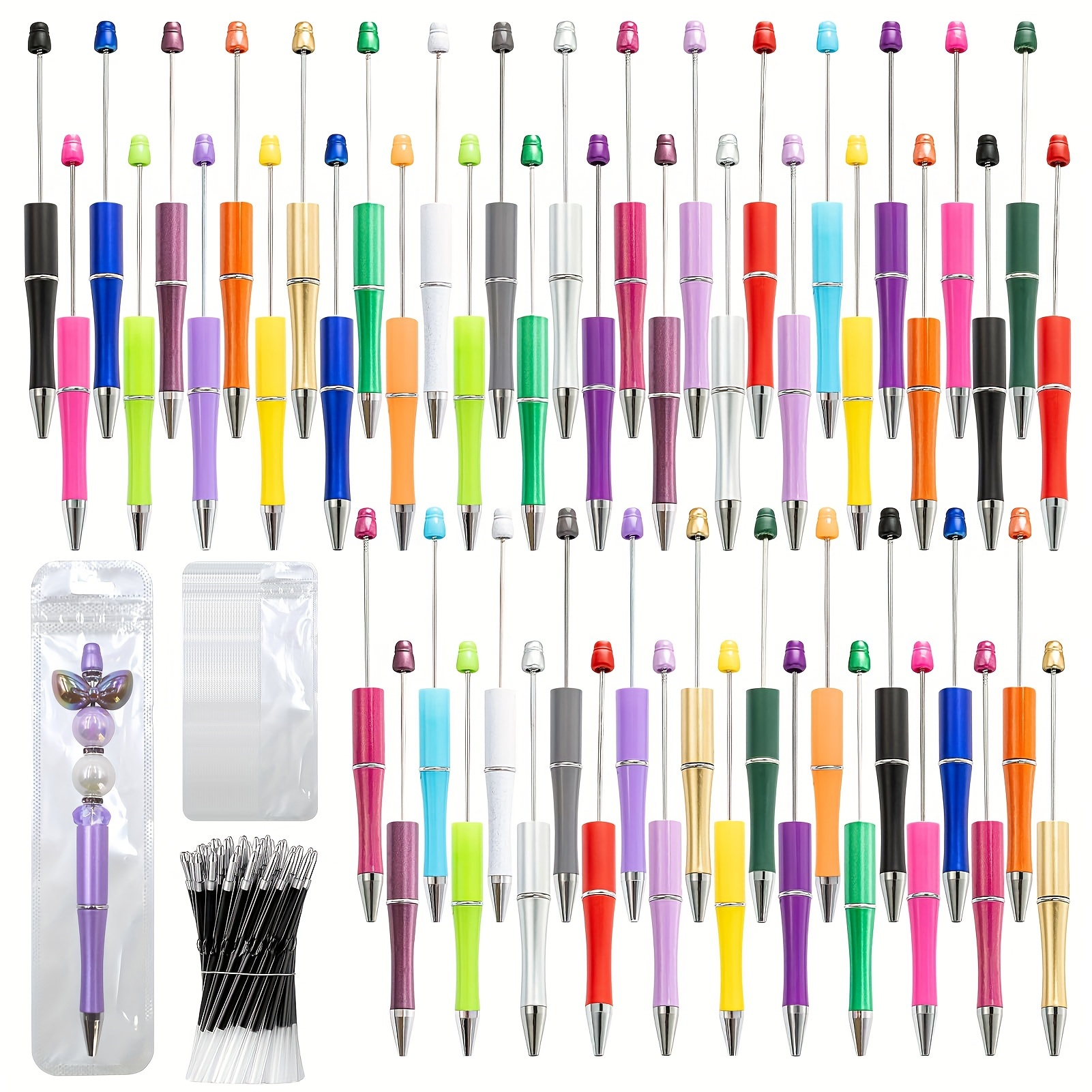 

150 Pieces Diy Beadable Pens Kit: 50 Colors Plastic Beadable Ballpoint Pens, 50 Refills, 50 Pen Bags - Students, Teachers, And Back To School Supplies