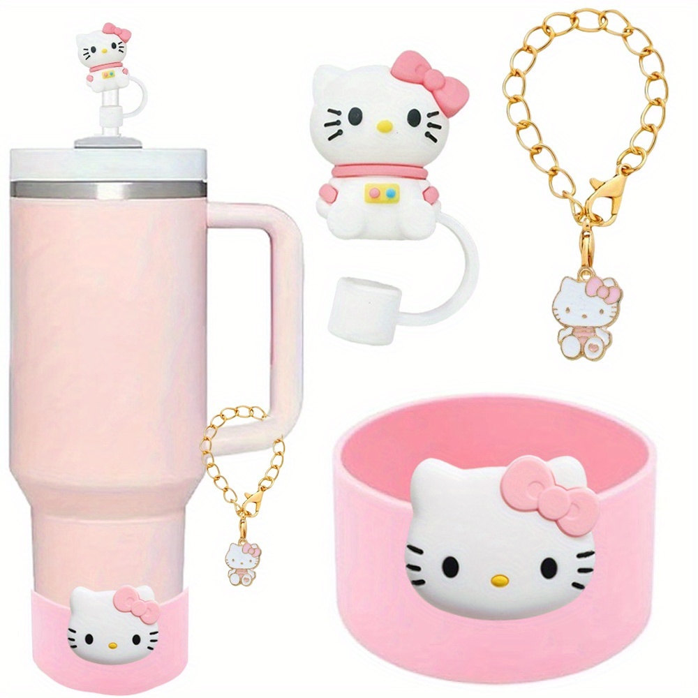 Image of 3pcs Hello Kitty Tumbler Cup Additions Set For 30oz 40oz Tumbler Cup Including Straw Topper Cap Silicone Protective Boot And Keychain Charm For Cup Mug Water Bottle Decoration For Gift