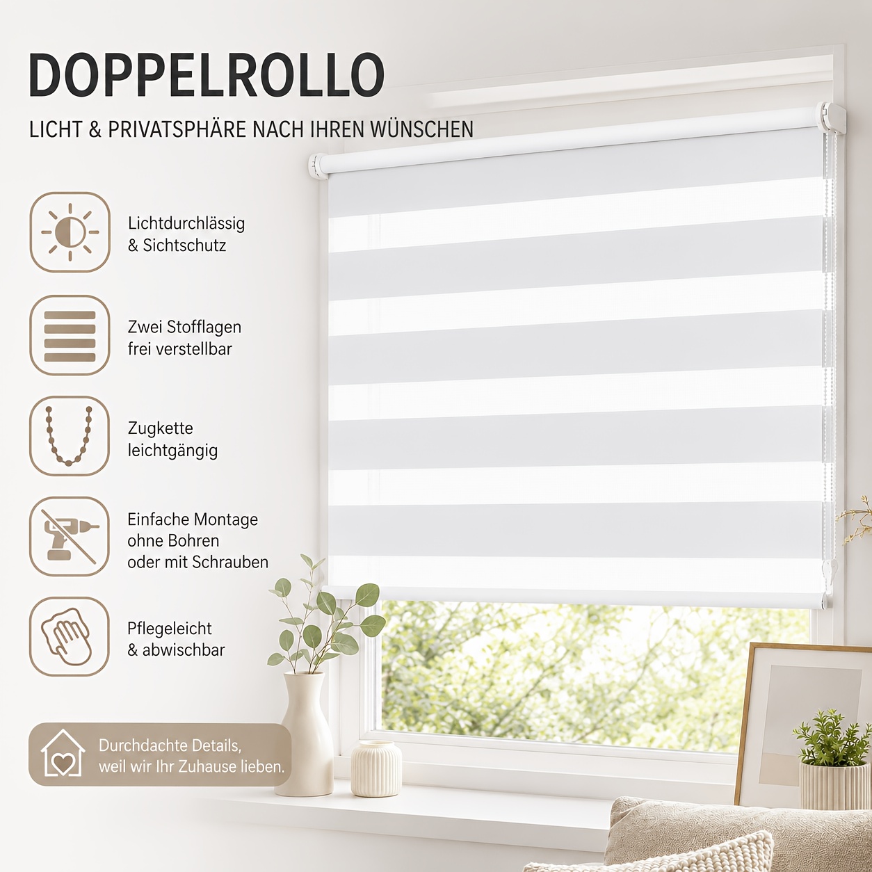 Image of 1pc Double Roller Shade Zebra Roller Shade, No Drilling Required, New Arrival Dual-layer Window Blind With Side Pull Cord, Adjustable Privacy And Light Filtering For Multiple Rooms