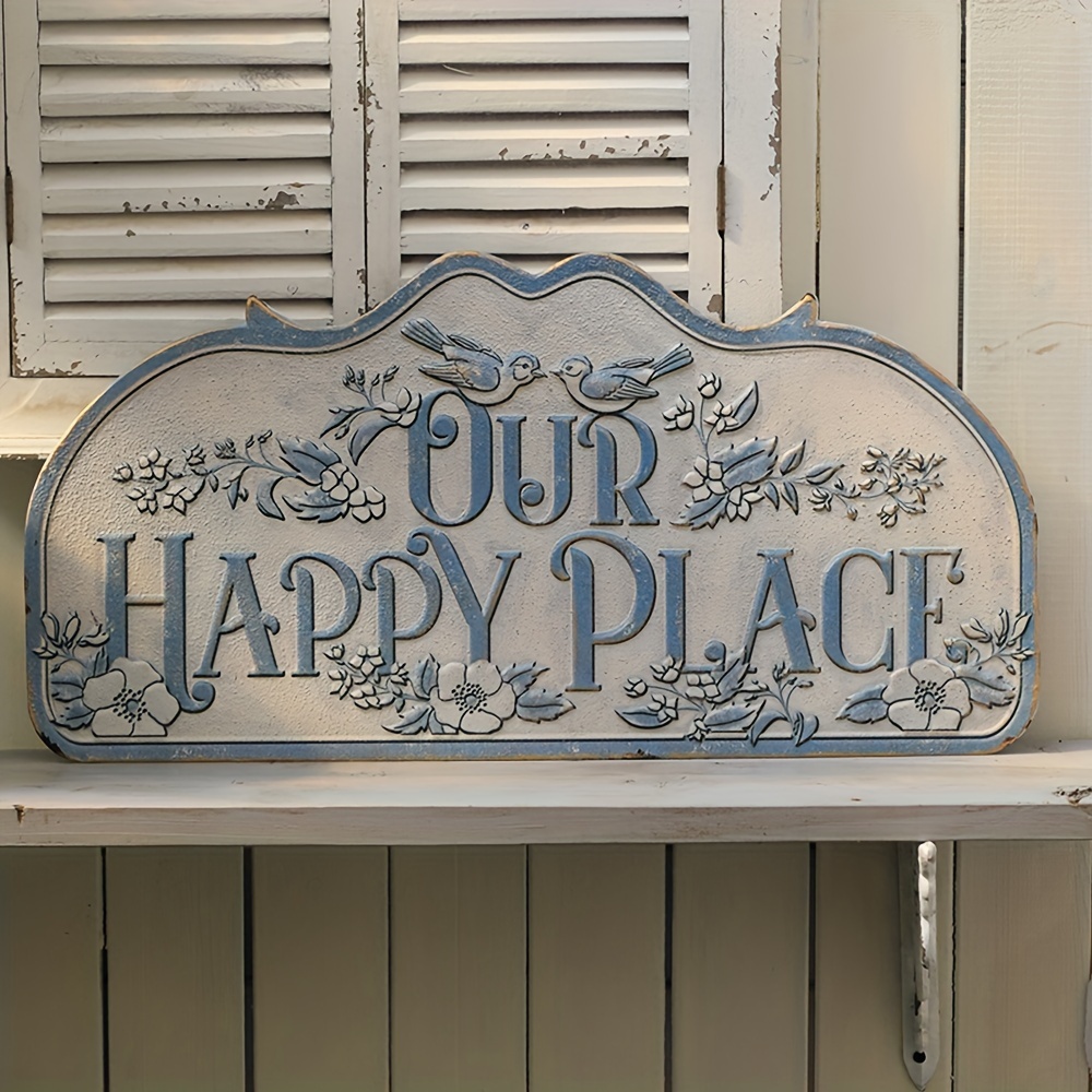 

Vintage Blue Metal Wall Decor Sign "our Happy Place" - 24x12 Inch Garden Home Retro Tin Plaque, Multipurpose Wall Hanging Sign With Relief Pattern, Easy Installation - English Language, 1 Piece