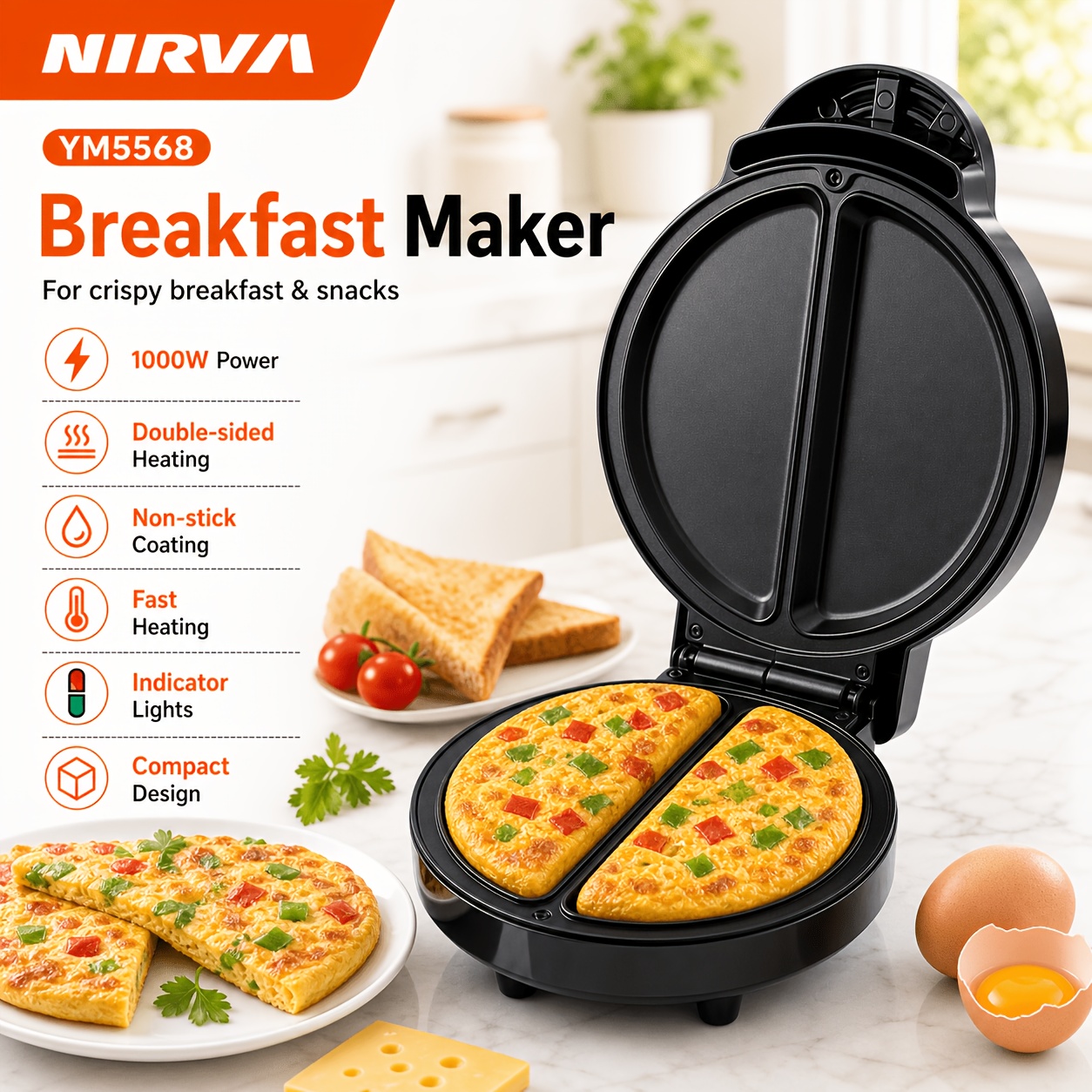 Nirva Double Omelette Maker 1000w Rapid Heating Coating Plates Handle Electric Breakfast Maker For Omelets Pancakes Quesadillas Household Kitchen Appliance